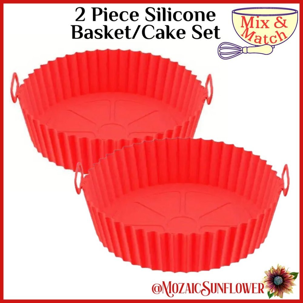 2 Piece Set BPA Free Silicone Baking or Air Fryer Pan Red Round